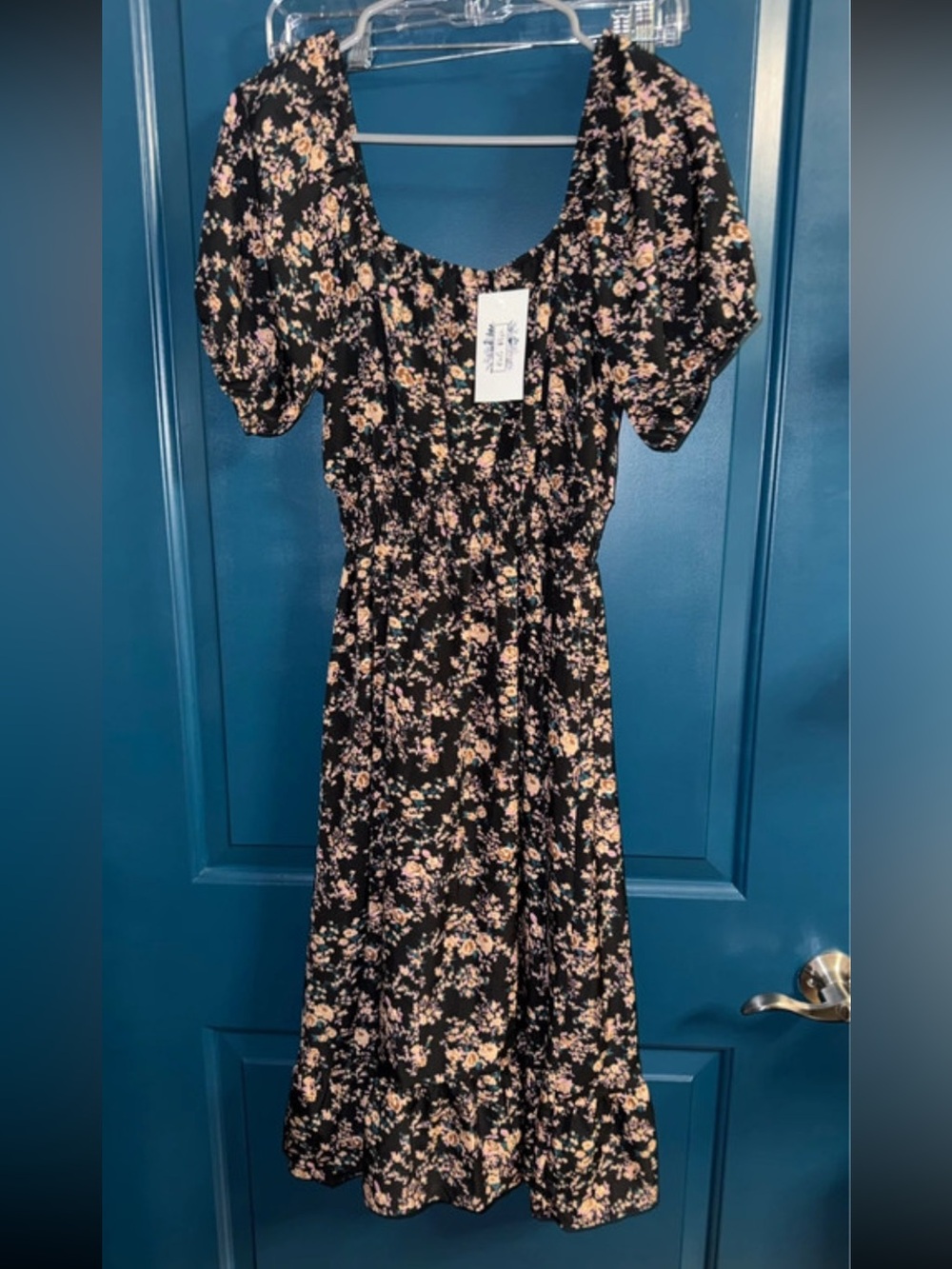 Kali Rose Black Floral Puff-Sleeve Midi Dress Size L